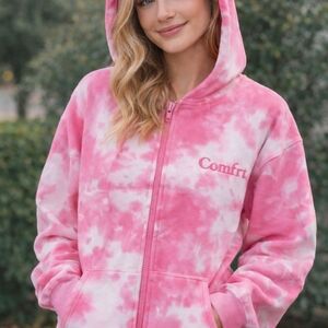Minimalist Zip Hoodie Pink Tie-Dye Size Large